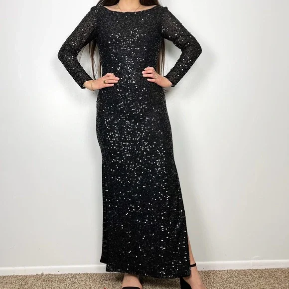 NWT Scala Black Silk Fully Sequin Long Sleeve Maxi Dress Side Slits Size Small - Picture 1 of 14